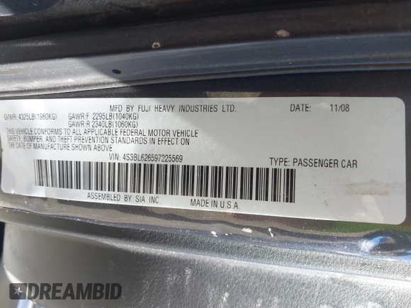 2009 Subaru Legacy Limited with VIN 4S3BL626597225569, listed as a IAAI auction lot 41858064 with 191,398 mi miles and . Bid and sale history available at DreamBid. Image 9.