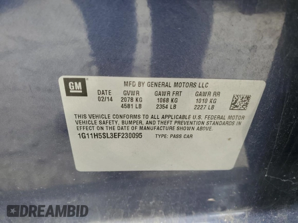 2014 Chevrolet Malibu LTZ with VIN 1G11H5SL3EF230095, listed as a Copart auction lot 54912235 with 208,730 mi miles and Salvage Title. Bid and sale history available at DreamBid. Image 12.