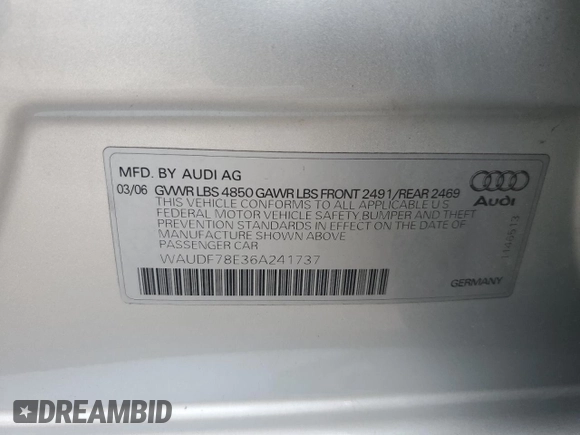 2006 Audi A4 2.0T z VIN WAUDF78E36A241737, wystawiony jako Copart lot #58998955 z przebiegiem 108 056 mil mil oraz Szkoda całkowita • Salvage title. Historia ofert i sprzedaży dostępna na DreamBid. Obrazek 12.