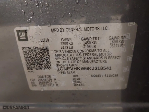 2019 Chevrolet Traverse LT Leather with VIN 1GNEVHKW6KJ318541, listed as a IAAI auction lot 41265457 with 70,039 mi miles. Bid and sale history available at carsss.com. Image 9.