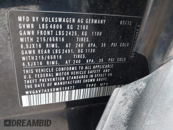 2013 Volkswagen Tiguan SE z VIN WVGAV7AXXDW519677, wystawiony jako IAAI lot #42264759 z przebiegiem 103 913 mil mil oraz . Historia ofert i sprzedaży dostępna na DreamBid. Obrazek 9.