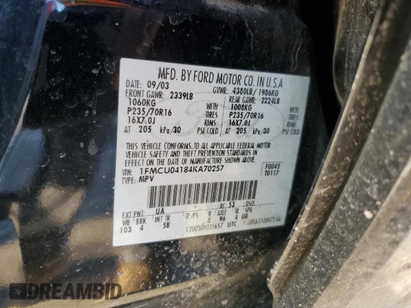 2004 Ford Escape Limited z VIN 1FMCU04184KA70257, wystawiony jako Copart lot #89130575 z przebiegiem 186 430 mil mil oraz Szkoda całkowita • Salvage title. Historia ofert i sprzedaży dostępna na DreamBid. Obrazek 15.