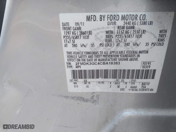 2012 Ford Edge SE with VIN 2FMDK3GC4CBA18383, listed as a IAAI auction lot 41520285 with 215,234 mi miles. Bid and sale history available at carsss.com. Image 9.