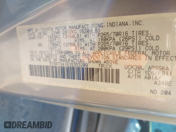 2003 Toyota Tundra SR5 with VIN 5TBRT34163S353209, listed as a IAAI auction lot 41819411 with 272,127 mi miles and . Bid and sale history available at DreamBid. Image 9.