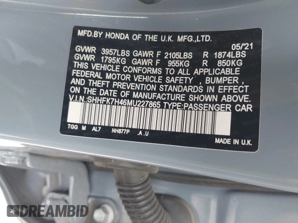 2021 Honda Civic Sport with VIN SHHFK7H46MU227865, listed as a IAAI auction lot 41915529 with 81,041 mi miles and . Bid and sale history available at DreamBid. Image 9.