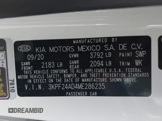 2021 Kia Forte FE with VIN 3KPF24AD4ME286235, listed as a IAAI auction lot 42008381 with 38,341 mi miles and . Bid and sale history available at carsss.com. Image 9.