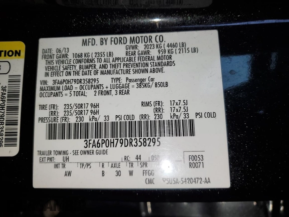 2013 Ford Fusion SE with VIN 3FA6P0H79DR358295, listed as a Copart auction lot 41566835 with 163,914 mi miles and Salvage Title. Bid and sale history available at carsss.com. Image 12.