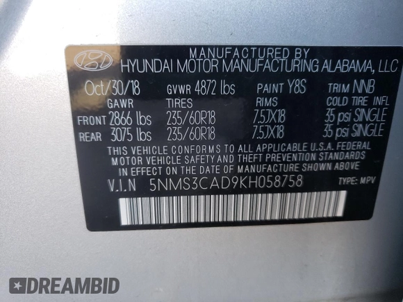 2019 Hyundai Santa Fe SEL with VIN 5NMS3CAD9KH058758, listed as a Copart auction lot 72594842 with 25,022 mi miles. Bid and sale history available at carsss.com. Image 15.