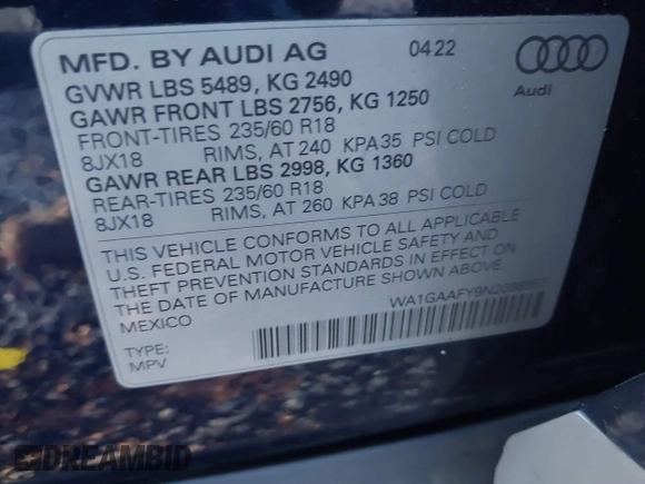 2022 Audi Q5 S line Premium z VIN WA1GAAFY9N2098952, wystawiony jako IAAI lot #40973991 z przebiegiem 29 553 mil mil oraz . Historia ofert i sprzedaży dostępna na DreamBid. Obrazek 9.