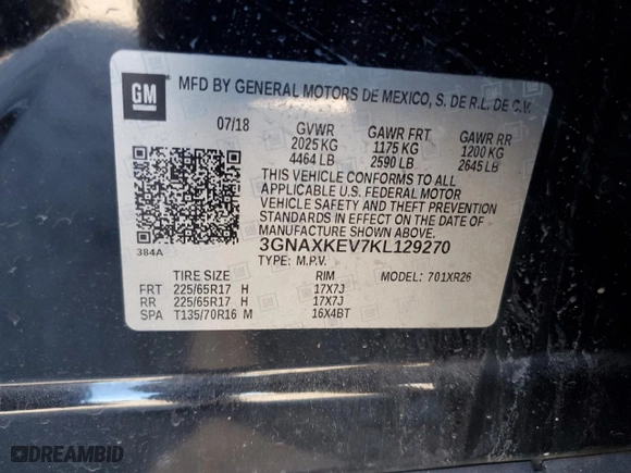2019 Chevrolet Equinox LT with VIN 3GNAXKEV7KL129270, listed as a Copart auction lot 49324535 with 166,164 mi miles and Non Repairable. Bid and sale history available at carsss.com. Image 14.
