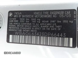 2003 BMW 7 Series 745i with VIN WBAGL63423DP66443, listed as a IAAI auction lot 41993529 with 163,993 mi miles and . Bid and sale history available at DreamBid. Image 9.