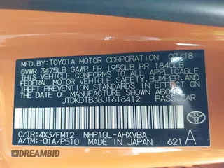 2018 Toyota Prius One with VIN JTDKDTB38J1618412, listed as a IAAI auction lot 41681898 with 47,835 mi miles and . Bid and sale history available at DreamBid. Image 9.