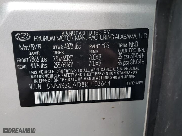 2019 Hyundai Santa Fe SE with VIN 5NMS2CAD8KH103644, listed as a Copart auction lot 45297835 with 48,683 mi miles and Salvage Title. Bid and sale history available at carsss.com. Image 13.