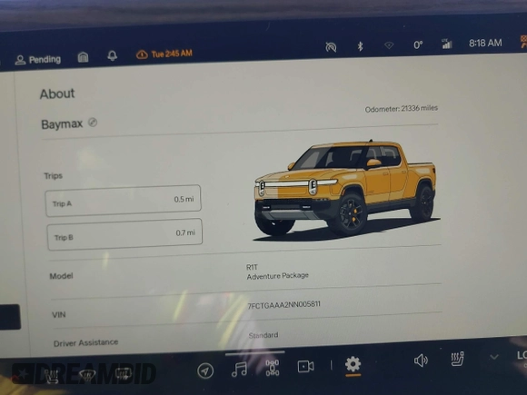 2022 Rivian R1T Adventure Package with VIN 7FCTGAAA2NN005811, listed as a IAAI auction lot 41706558 with 21,336 mi miles. Bid and sale history available at carsss.com. Image 7.