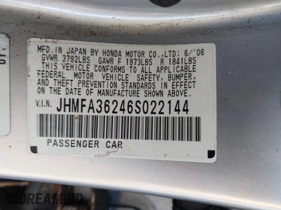 2006 Honda Civic z VIN JHMFA36246S022144, wystawiony jako IAAI lot #41976752 z przebiegiem Nie podano mil oraz . Historia ofert i sprzedaży dostępna na DreamBid. Obrazek 9.