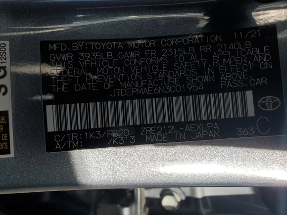 2022 Toyota Corolla LE with VIN JTDEPMAE6N3001954, listed as a Copart auction lot 50199565 with 64,577 mi miles and Salvage Title. Bid and sale history available at carsss.com. Image 12.
