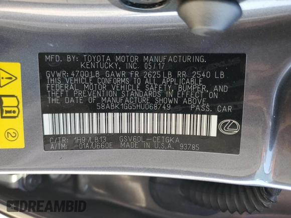 2017 Lexus ES with VIN 58ABK1GG5HU068749, listed as a Copart auction lot 49033085 with 43,382 mi miles and Salvage Title. Bid and sale history available at carsss.com. Image 12.