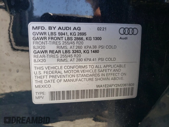 2021 Audi Q5 Premium Plus with VIN WA1E2AFY2M2061809, listed as a Copart auction lot 56331075 with 31,631 mi miles and Salvage title. Bid and sale history available at DreamBid. Image 13.