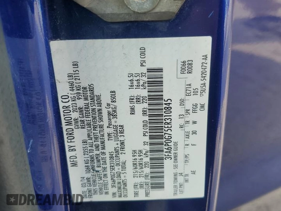 2014 Ford Fusion S с VIN 3FA6P0G75ER310845, выставлен на аукционе Copart как лот 59919825 с пробегом 204 436 миль миль и Списание • Salvage title. История ставок и продаж доступна на DreamBid. Изображение 12.