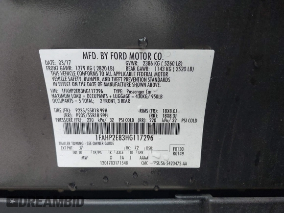 2017 Ford Taurus SEL with VIN 1FAHP2E83HG117296, listed as a IAAI auction lot 42042660 with 119,410 mi miles and . Bid and sale history available at DreamBid. Image 9.