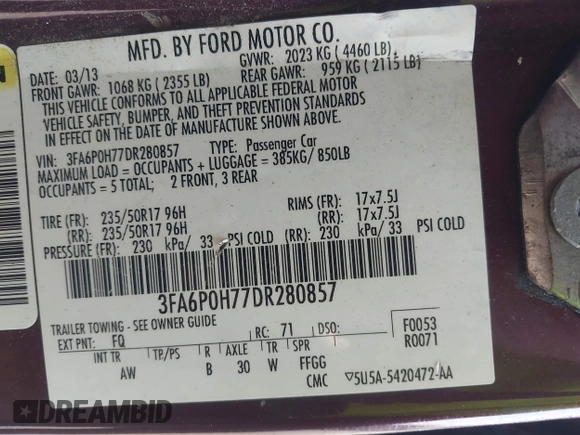 2013 Ford Fusion SE with VIN 3FA6P0H77DR280857, listed as a IAAI auction lot 42666692 with 266,672 mi miles and . Bid and sale history available at DreamBid. Image 9.