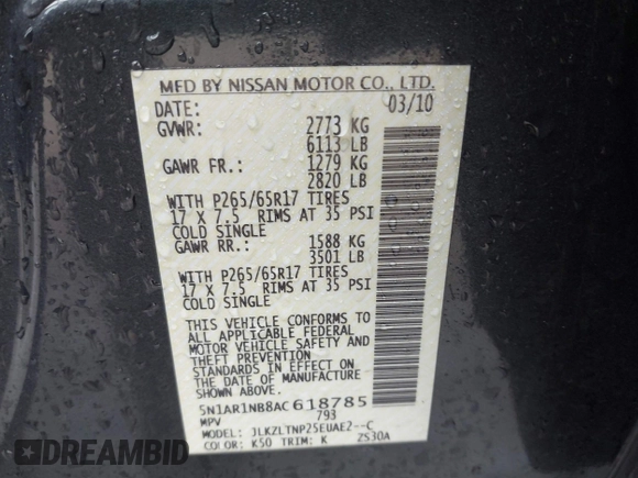 2010 Nissan Pathfinder LE with VIN 5N1AR1NB8AC618785, listed as a IAAI auction lot 41774406 with 172,200 mi miles and . Bid and sale history available at DreamBid. Image 9.