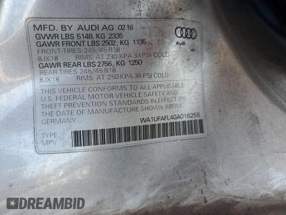 2016 Audi allroad Premium Plus with VIN WA1UFAFL4GA016255, listed as a Copart auction lot 76765374 with 0 mi miles and Salvage Title. Bid and sale history available at carsss.com. Image 12.
