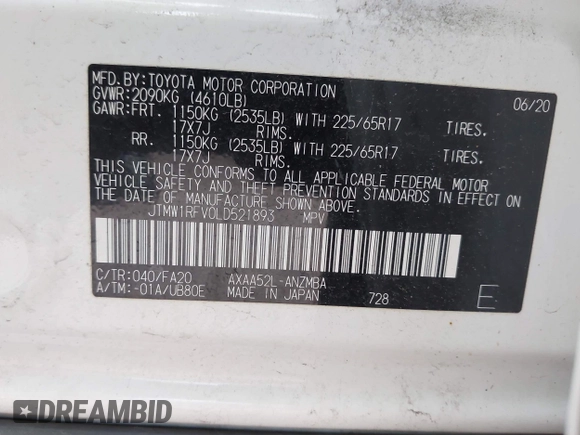 2020 Toyota RAV4 XLE with VIN JTMW1RFV0LD521893, listed as a IAAI auction lot 42701228 with 34,647 mi miles and . Bid and sale history available at DreamBid. Image 9.
