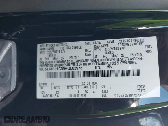 2017 Lincoln MKC Premiere with VIN 5LMCJ1C99HUL03978, listed as a IAAI auction lot 41602939 with 127,078 mi miles and . Bid and sale history available at DreamBid. Image 9.