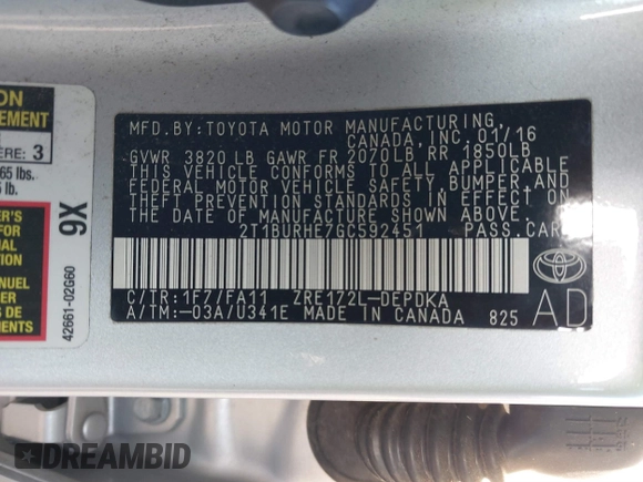 2016 Toyota Corolla L z VIN 2T1BURHE7GC592451, wystawiony jako IAAI lot #38097006 z przebiegiem 22 347 mil mil oraz . Historia ofert i sprzedaży dostępna na DreamBid. Obrazek 9.