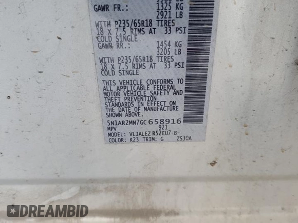 2016 Nissan Pathfinder SV with VIN 5N1AR2MN7GC658916, listed as a Copart auction lot 50705275 with 170,982 mi miles and Salvage title. Bid and sale history available at DreamBid. Image 14.