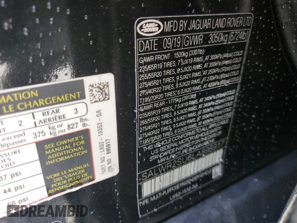 2020 Land Rover Range Rover Sport HSE with VIN SALWR2SU6LA895917, listed as a Copart auction lot 64257545 with 109,805 mi miles and Clean title. Bid and sale history available at DreamBid. Image 13.