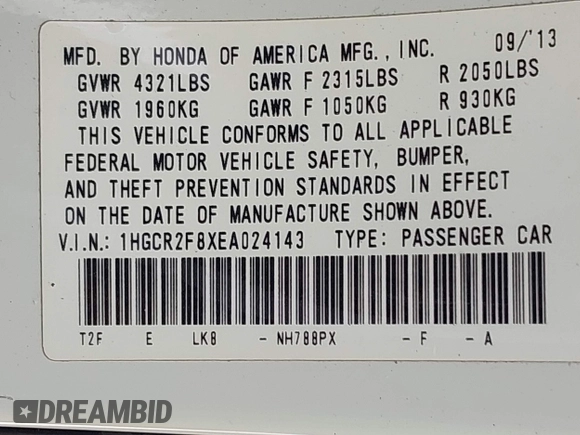 2014 Honda Accord Sedan EX-L with VIN 1HGCR2F8XEA024143, listed as a IAAI auction lot 41933648 with 77,548 mi miles. Bid and sale history available at carsss.com. Image 9.