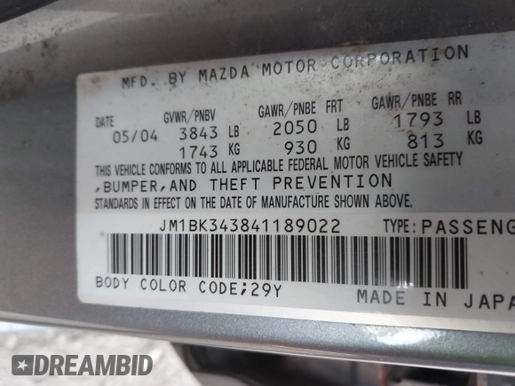 2004 Mazda 3 s with VIN JM1BK343841189022, listed as a IAAI auction lot 42228628 with 209,725 mi miles and . Bid and sale history available at DreamBid. Image 9.