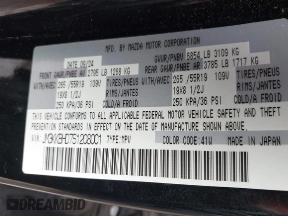 2025 Mazda CX-90 Preferred with VIN JM3KKBHD7S1208001, listed as a IAAI auction lot 42503425 with 16,745 mi miles and . Bid and sale history available at DreamBid. Image 9.