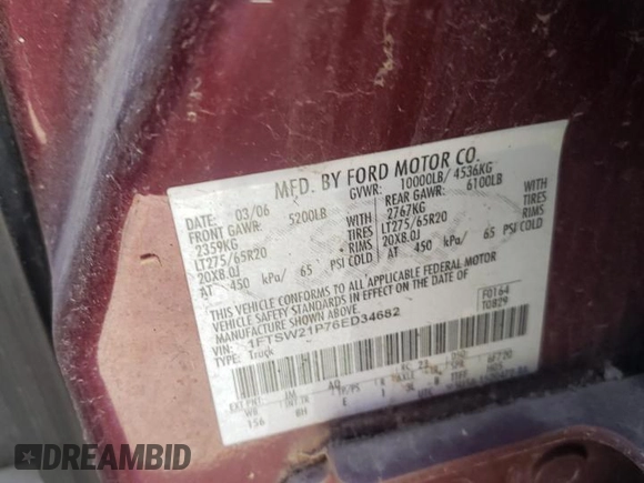 2006 Ford F-250 XL with VIN 1FTSW21P76ED34682, listed as a Copart auction lot 52133325 with 217,850 mi miles and Salvage title. Bid and sale history available at DreamBid. Image 14.