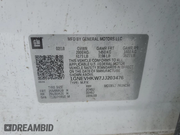 2018 Chevrolet Traverse LT Leather with VIN 1GNEVHKW7JJ203476, listed as a Copart auction lot 46107065 with 107,842 mi miles and Salvage Title. Bid and sale history available at carsss.com. Image 16.