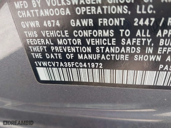 2015 Volkswagen Passat 2.0L TDI SEL Premium with VIN 1VWCV7A35FC041972, listed as a IAAI auction lot 41980544 with 110,797 mi miles. Bid and sale history available at carsss.com. Image 9.