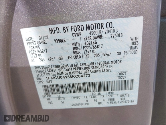 2008 Ford Escape Limited with VIN 1FMCU04158KC84273, listed as a IAAI auction lot 42783991 with 193,168 mi miles and . Bid and sale history available at DreamBid. Image 9.