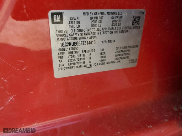2015 Chevrolet Silverado 2500HD Built After Aug 14 Work Truck with VIN 1GC2KUEG5FZ514415, listed as a Copart auction lot 55959464 with 218,594 mi miles and Clean Title. Bid and sale history available at carsss.com. Image 12.