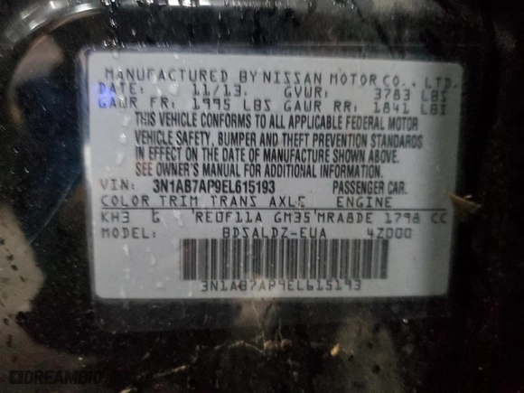 2014 Nissan Sentra S with VIN 3N1AB7AP9EL615193, listed as a Copart auction lot 51982455 with 133,694 mi miles and Clean Title. Bid and sale history available at carsss.com. Image 12.
