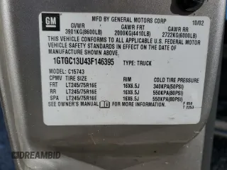 2003 GMC Sierra 1500HD SLE z VIN 1GTGC13U43F146395, wystawiony jako Copart lot #70795454 z przebiegiem 303 653 mil mil oraz Szkody całkowita. Historia ofert i sprzedaży dostępna na DreamBid. Obrazek 13.