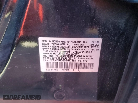 2013 Honda Pilot EX-L with VIN 5FNYF4H56DB047288, listed as a Copart auction lot 46247905 with 123,453 mi miles and Salvage Title. Bid and sale history available at DreamBid. Image 13.