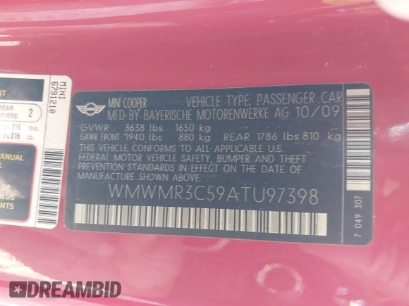 2010 MINI Convertible with VIN WMWMR3C59ATU97398, listed as a IAAI auction lot 41714054 with 12,663 mi miles and . Bid and sale history available at DreamBid. Image 9.