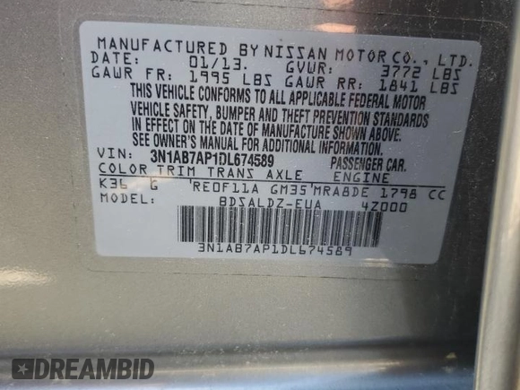 2013 Nissan Sentra SV with VIN 3N1AB7AP1DL674589, listed as a Copart auction lot 52261455 with 147,533 mi miles and Salvage Title. Bid and sale history available at DreamBid. Image 15.