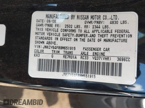 2009 Infiniti G37 x with VIN JNKCV64F89M651915, listed as a IAAI auction lot 42068490 with 132,777 mi miles and . Bid and sale history available at DreamBid. Image 9.