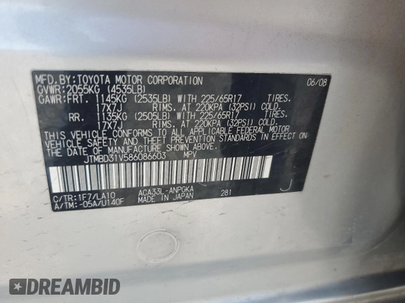 2008 Toyota RAV4 Limited with VIN JTMBD31V586086603, listed as a Copart auction lot 62610415 with 142,981 mi miles and Clean title. Bid and sale history available at DreamBid. Image 13.