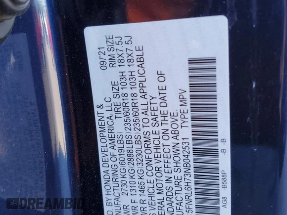 2022 Honda Odyssey EX-L with VIN 5FNRL6H73NB042531, listed as a Copart auction lot 88517295 with 23,926 mi miles and Salvage Title. Bid and sale history available at DreamBid. Image 12.