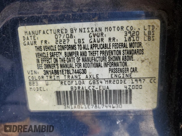 2008 Nissan Sentra S with VIN 3N1AB61E78L744630, listed as a Copart auction lot 44734755 with 99,807 mi miles and Clean Title. Bid and sale history available at DreamBid. Image 12.