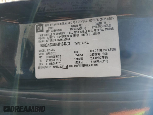 2006 Hummer H2 z VIN 5GRGN23U06H104393, wystawiony jako Copart lot #46208975 z przebiegiem 168 053 mil mil oraz Szkoda całkowita • Salvage title. Historia ofert i sprzedaży dostępna na DreamBid. Obrazek 14.